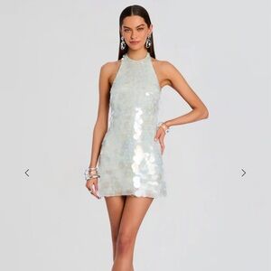 Retrofete Iridescent Bondera Sequin Halter Mini Dress - White